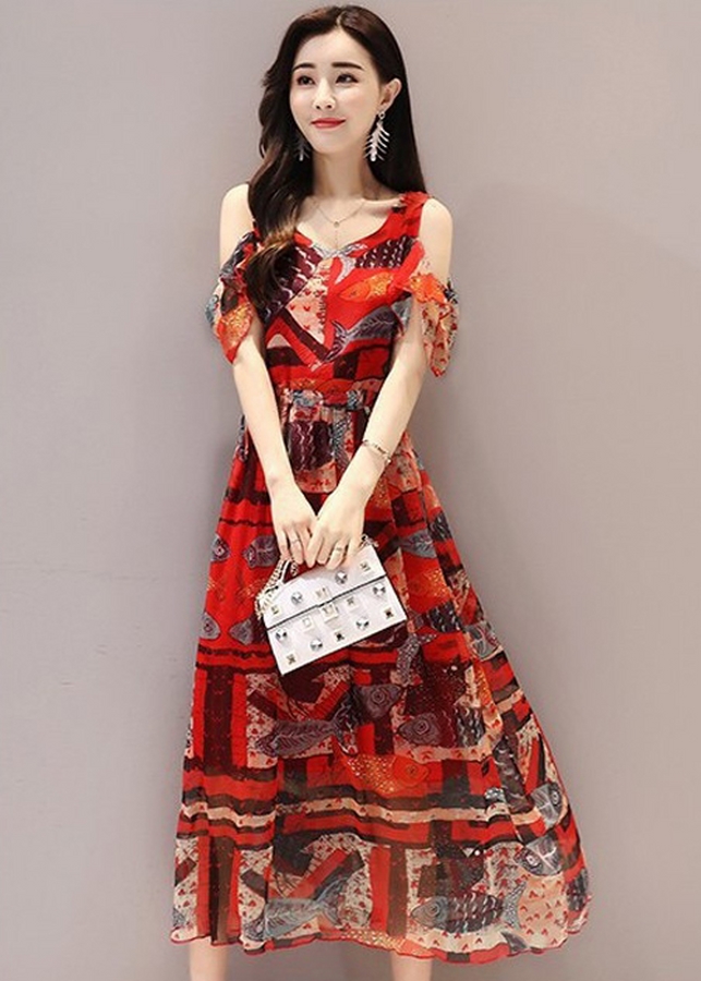 Đầm Nữ Maxi Voan Lụa Trễ Vai Họa Tiết Cá DM8A - Đỏ