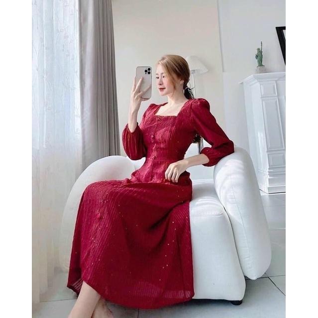 Đầm Maru màu đỏ dáng dài cột nơ dễ thương duyên dáng