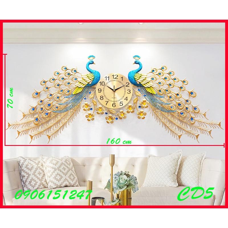 Đồng hồ treo tường trang trí decor chim công CD5 Khổng Tước vàng kích thước 160 x 70 cm