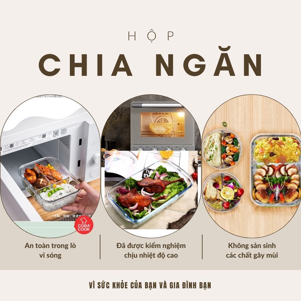 Hình ảnh Hộp Thủy Tinh Chia 3 Ngăn COBACOOK Đựng Cơm Đựng Thực Phẩm Chịu Nhiệt 1040ML - CBHL1040