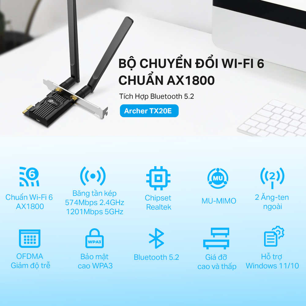 Bộ Chuyển Đổi Card WiFi TP-Link Archer TX20E PCIe Bluetooth WiFi 6 AX1800 - Hàng Chính Hãng