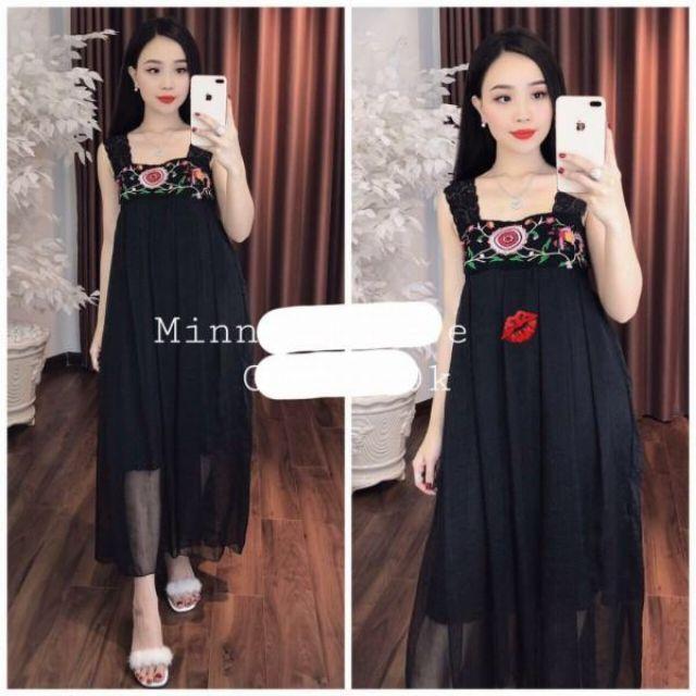 Đầm maxi đen thêu hoa 2 dây ren siêu cute