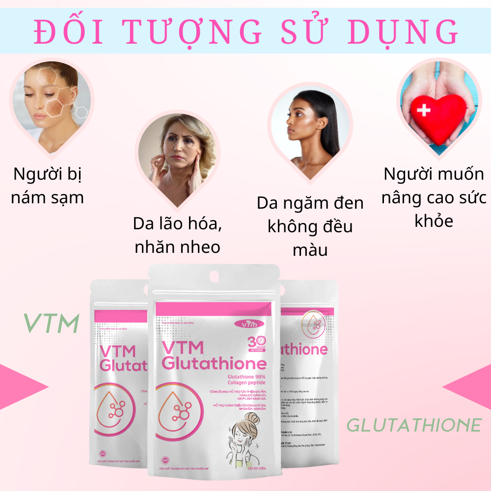 Viên uống Glutathione VTM hỗ trợ làm sáng da, hỗ trợ giảm triệu chứng khô da, nhăn da, nám da - gói 30 ngày