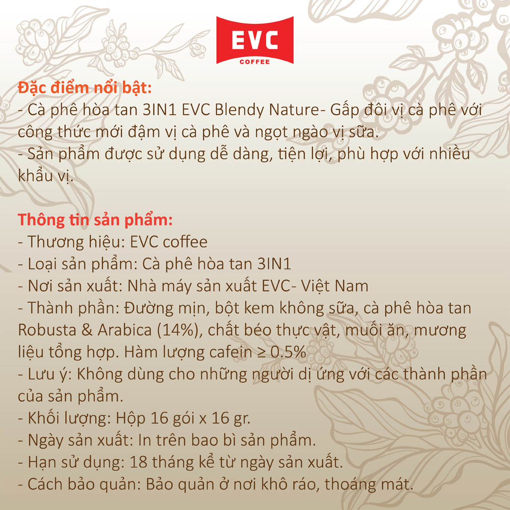 Cà phê hòa tan 3in1 - EVC Blendy Nature - Gấp đôi vị cà phê (12 gói x 16 gram)