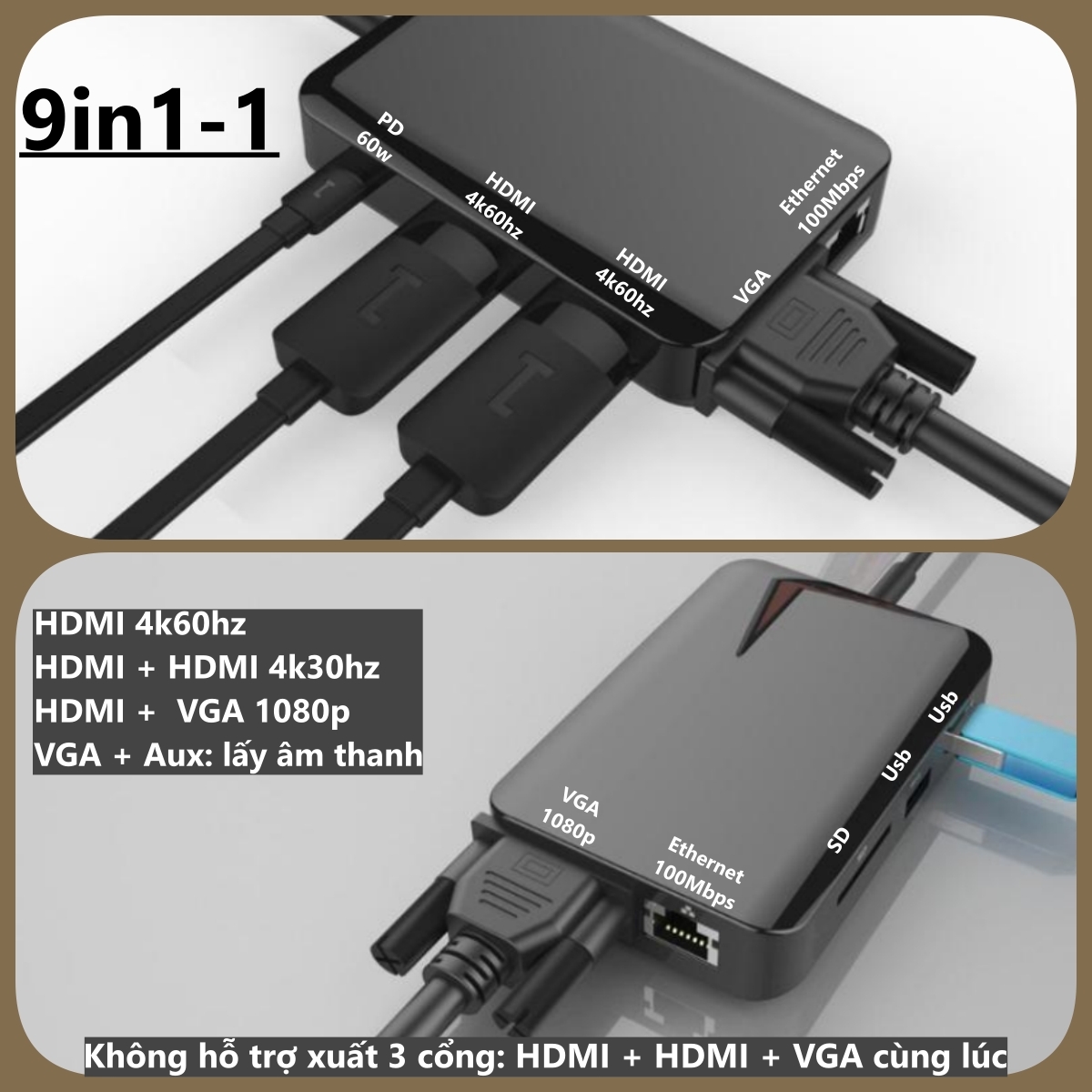 Hub USB Type-C đa chức năng HDMI/ VGA/ RJ45/ PD/ USB/ TF/ SD cho Macbook M1, Surface, Dell XPS