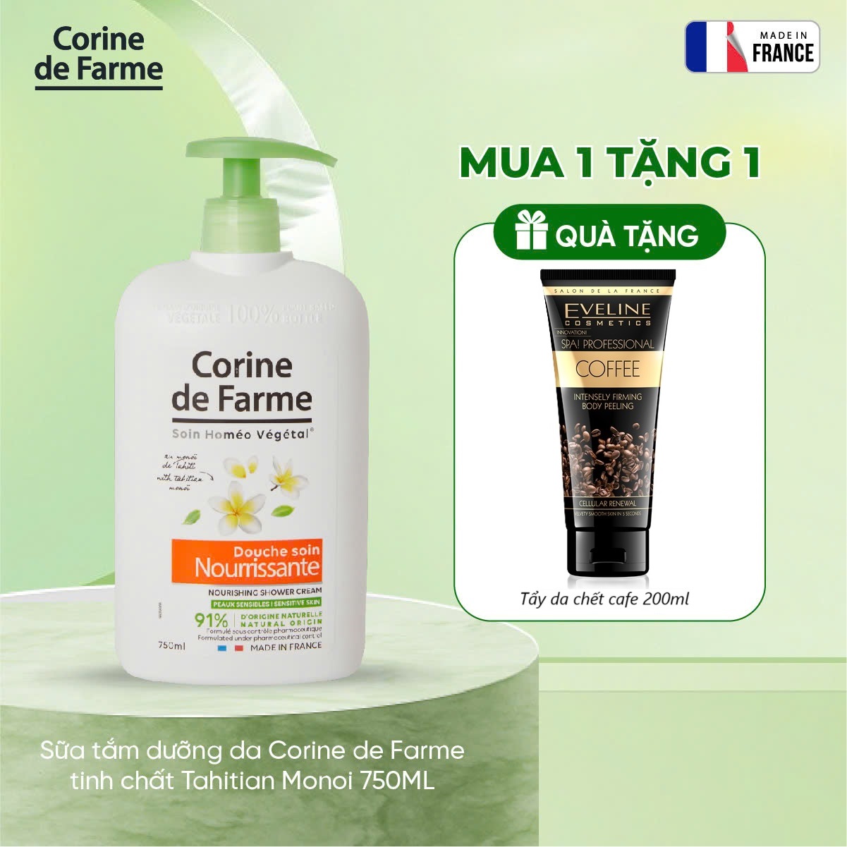 [ Tặng tẩy da chết Cafe 200ml ] Sữa tắm dưỡng da Corine de Farme tinh chất Tahitian Monoi 750ML