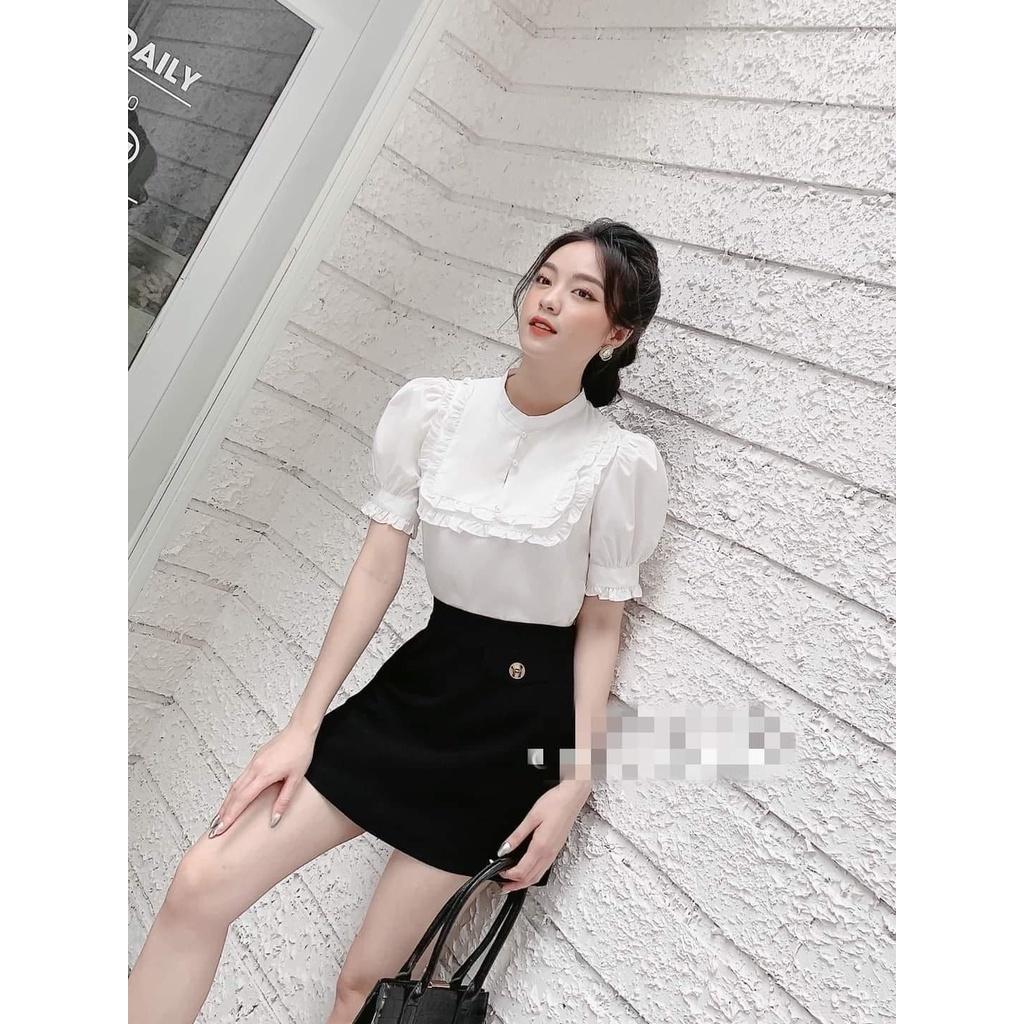Áo sơ mi nữ công sở thời trang SURI lụa trắng tay cộc,kiểu nữ cổ đức phối bèo đính cúc ngọc-TRANGBEOVUONG