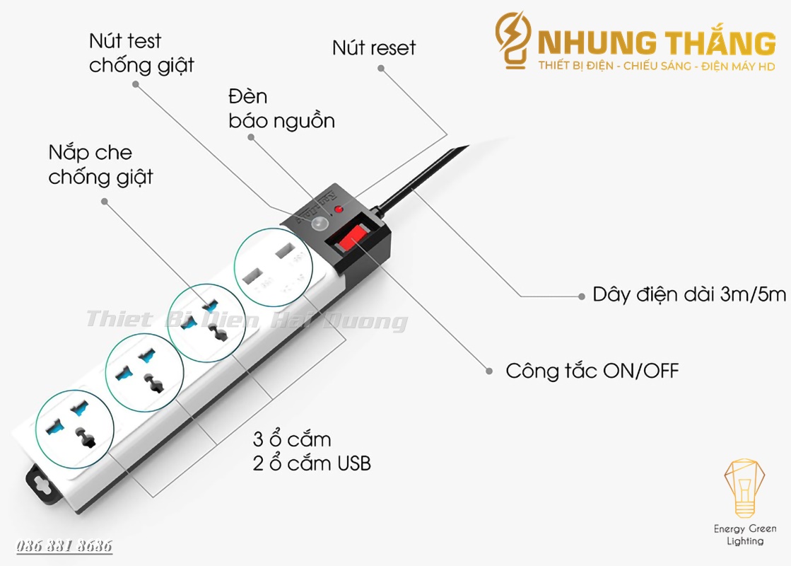 Ổ Cắm Điện Đa Năng Rạng Đông 2 Cổng USB, Sạc Nhanh 5V-2A, Ổ Điện Chịu Tải 2500W, Tích Hợp Rơ Le Tự Ngắt, Dây Dài 3M/5M - CÓ VIDEO