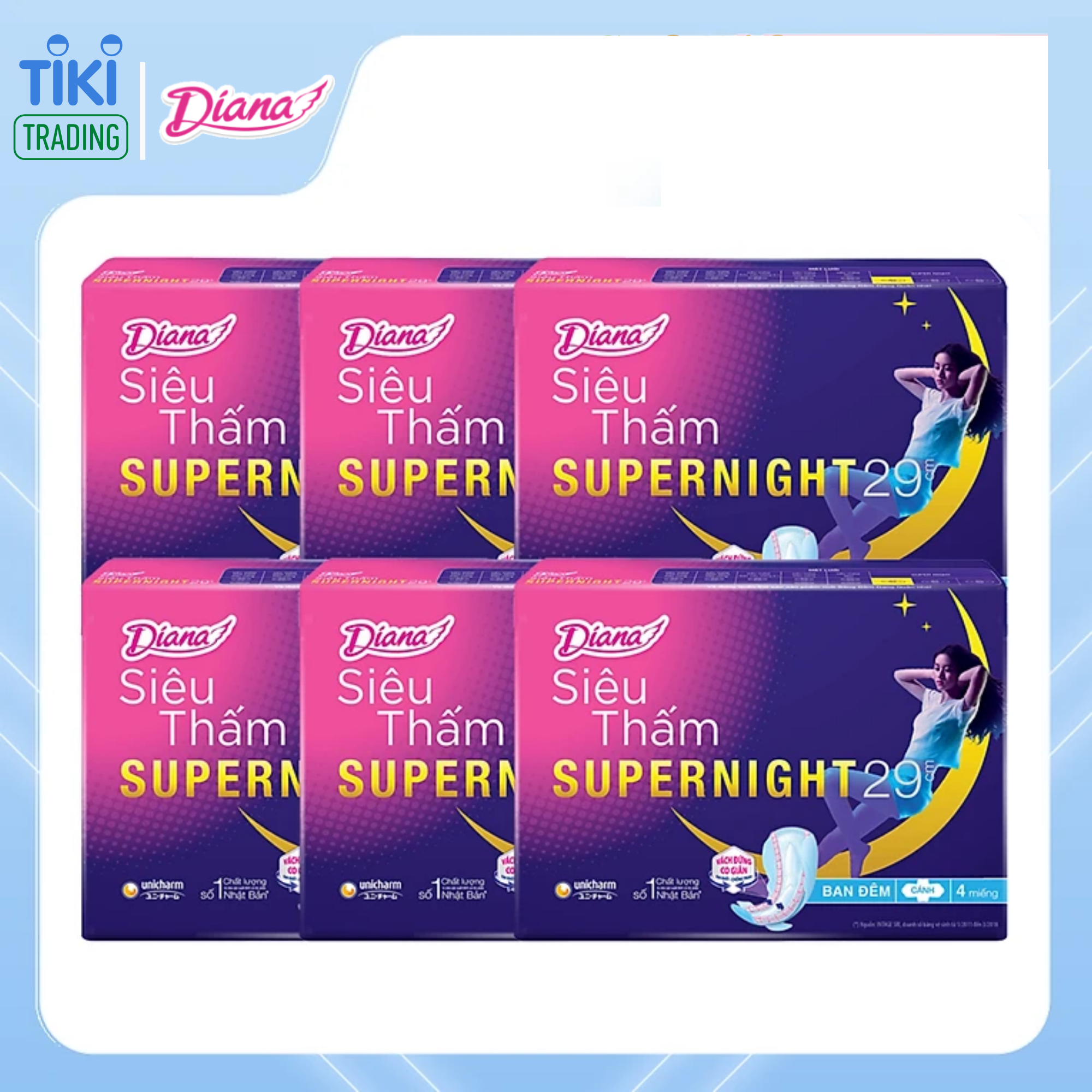 Combo 6 Băng Vệ Sinh Diana Super Night Có Cánh 29cm (Gói 4 Miếng)