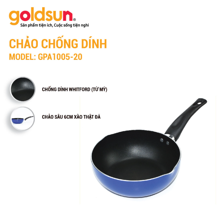 Chảo Chống Dính Đáy Lòng Sâu GOLDSUN GPA1005-20 Đường Kính Đáy 20 Cm, Công Nghệ Chống Dính Mỹ- Hàng Chính Hãng