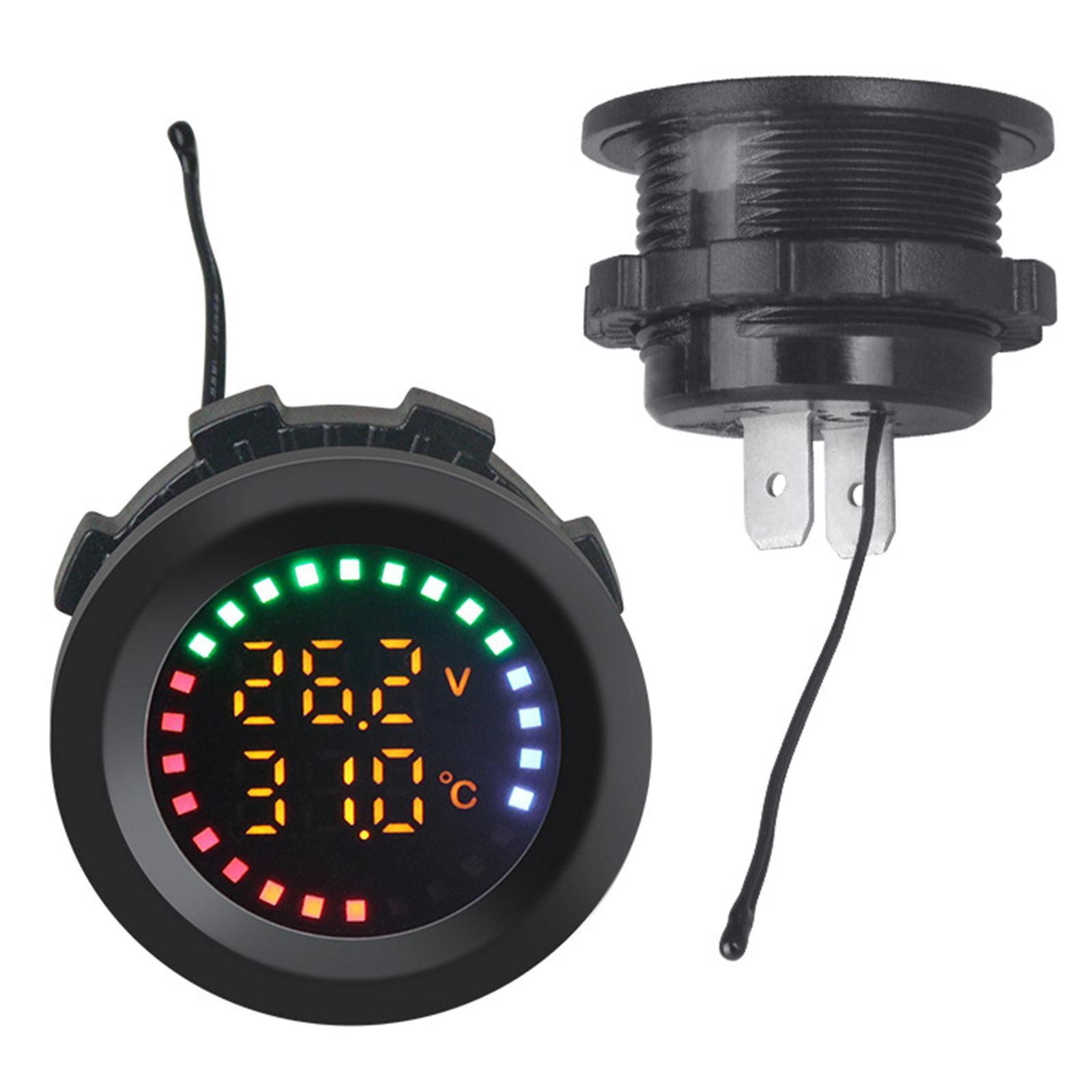 Car Temperature Gauge Voltmeter 12V-24V Tester Convenient Vehicle Repair Parts Round Panel Multipurpose Colorful Display Temp