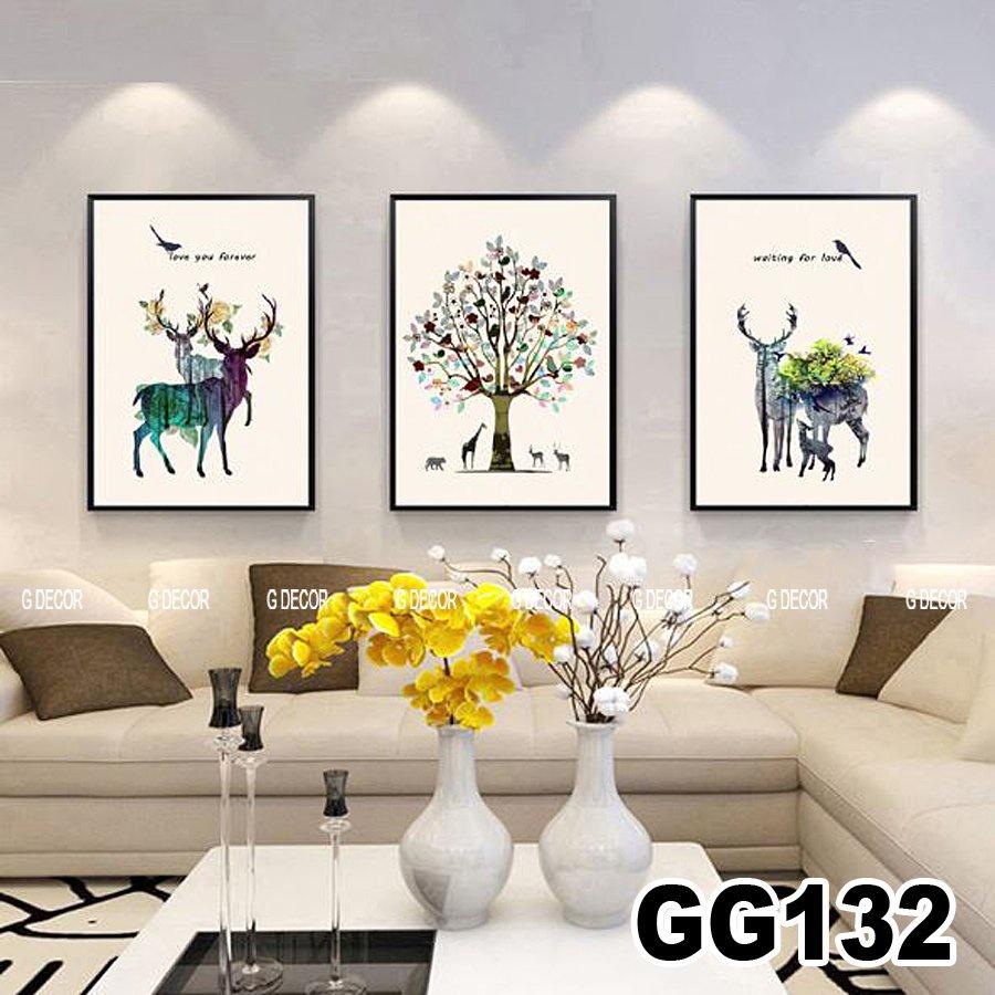 Tranh treo tường canvas 3 bức phong cách hiện đại Bắc Âu 11, tranh hươu trang trí phòng khách, phòng ngủ, phòng ăn, spa
