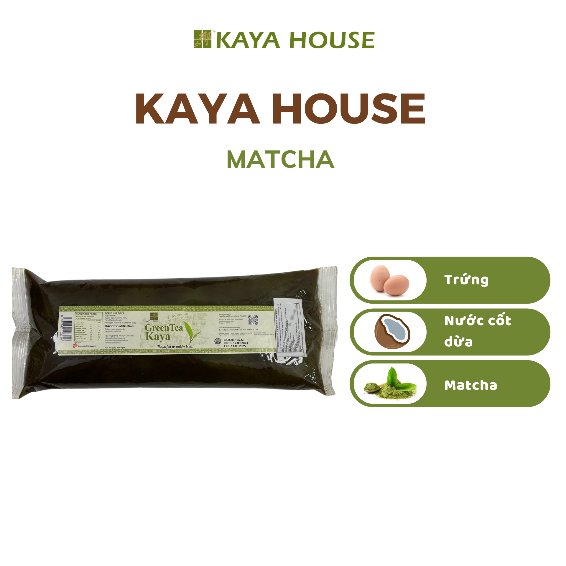 Mứt Kaya Singapore Matcha túi 1000G - Kaya House - Ăn kèm với Sandwich, làm nguyên liệu nấu ăn
