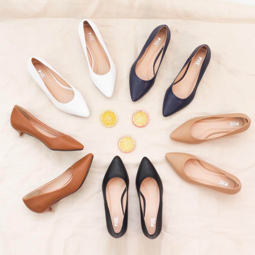 Giày Cao Gót 3cm Mũi Nhọn Gót Nhỏ Trơn Basic Màu Bò Pixie P074