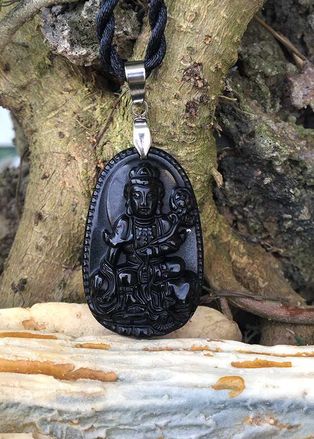 Dây chuyền mặt Phật Phổ Hiền Bồ Tát,  Mặt đá Núi lửa Obsidian,   Hộ mệnh cho Tuổi Thìn, (2,4 x 3,6 cm)  TEN5