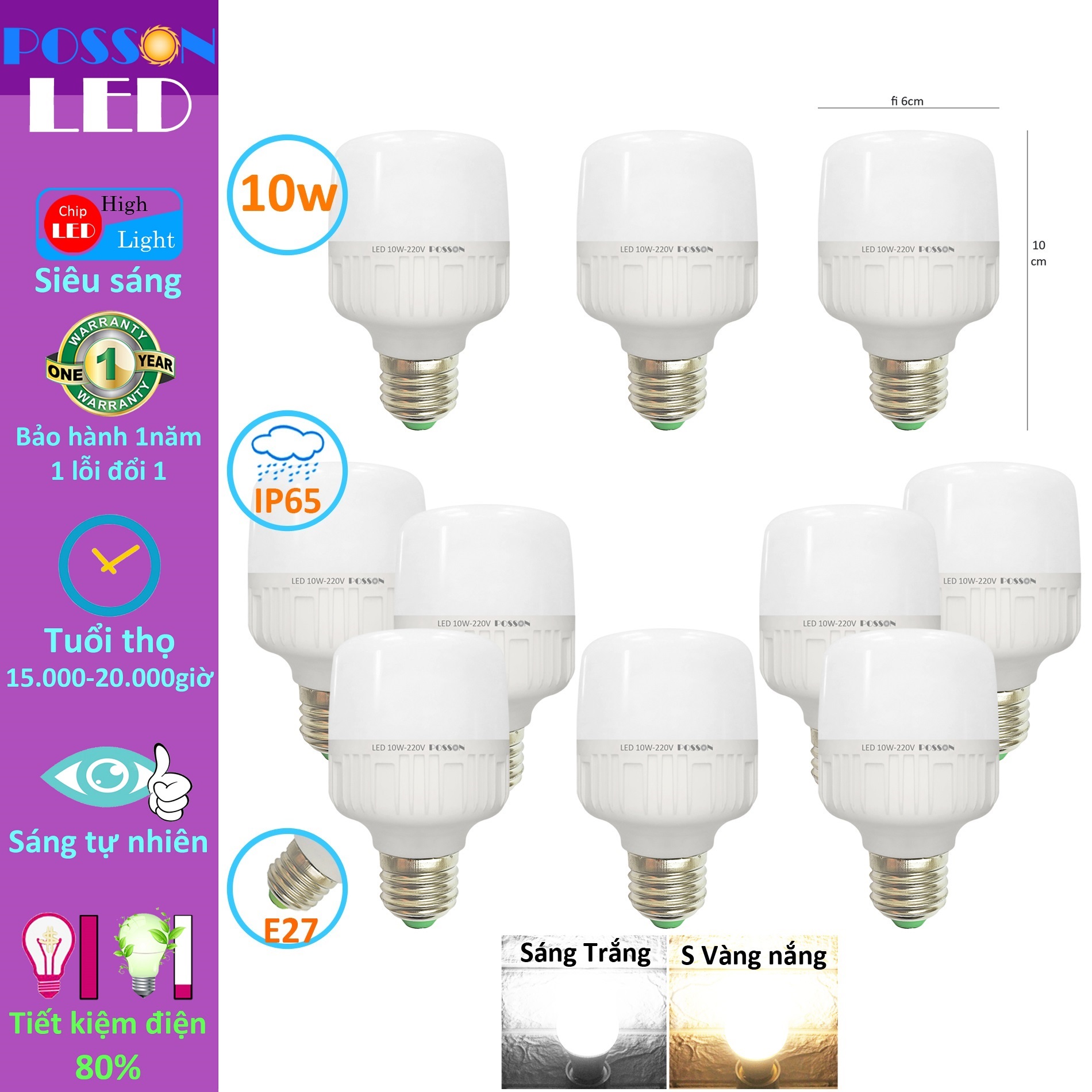 10 Bóng đèn Led trụ 9w 10w bup trụ T60 bulb tiết kiệm điện kín chống nước mưa Posson LC-10x
