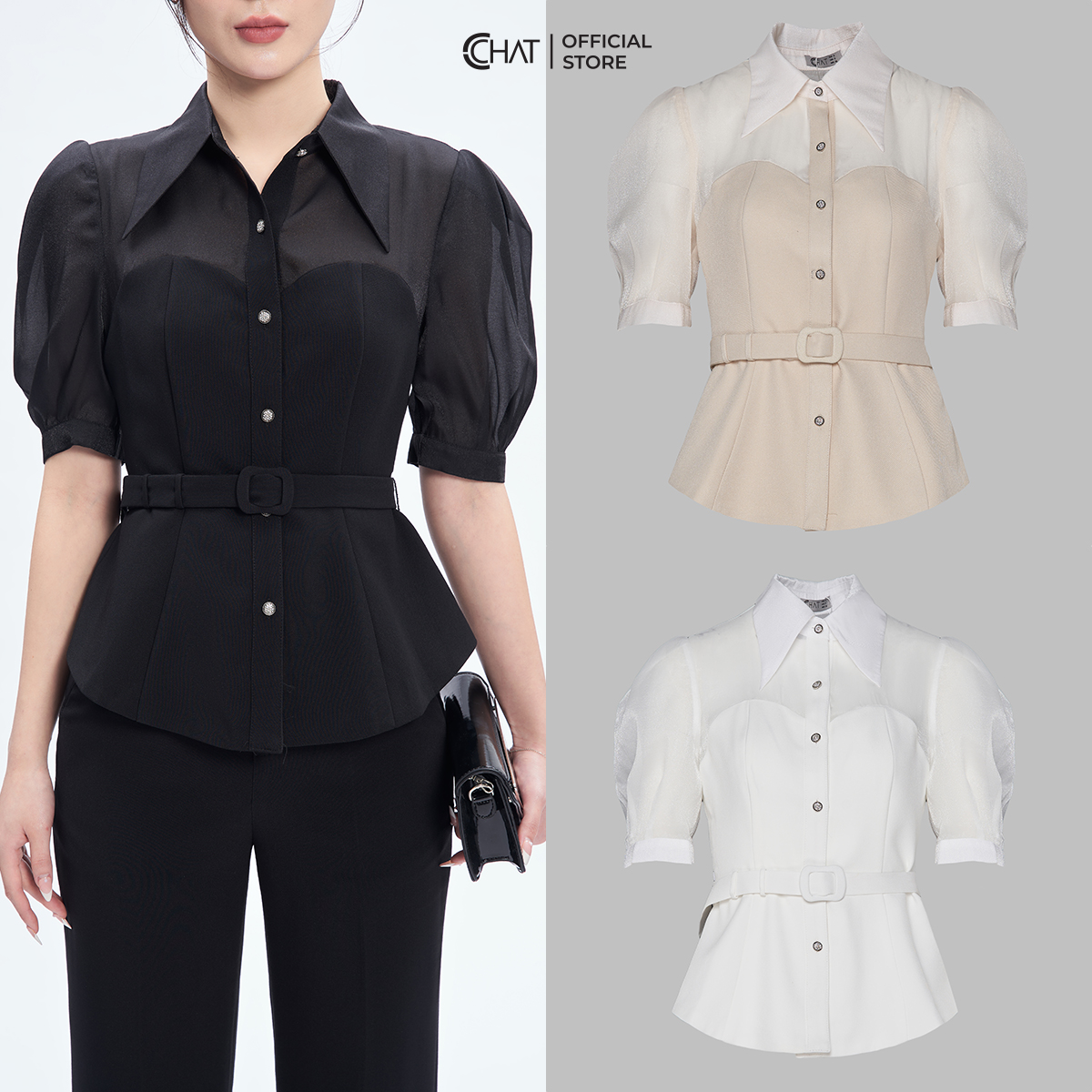 Áo Sơ Mi Nữ  Kiểu Cutout Phối Vải Chất Tuytsi Cao Cấp Mềm Nhẹ 53FNS8001PT
