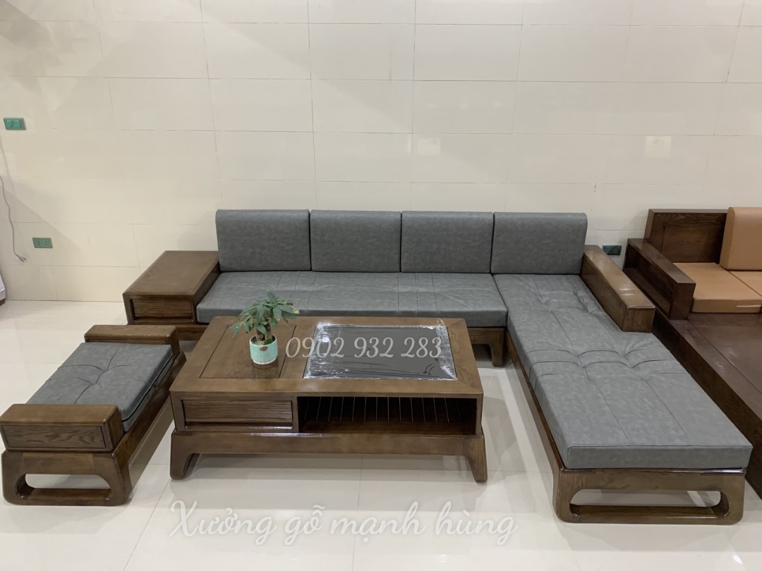 Bộ sofa góc L chân quỳ gỗ sồi màu óc chó G043