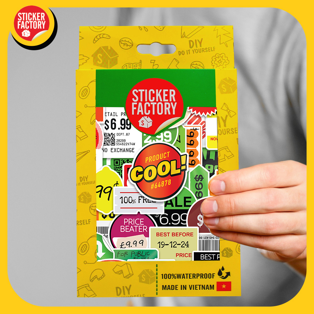 Price tag - Set 100 sticker decal hình dán nón bảo hiểm, laptop, xe máy, ô tô - STICKER FACTORY