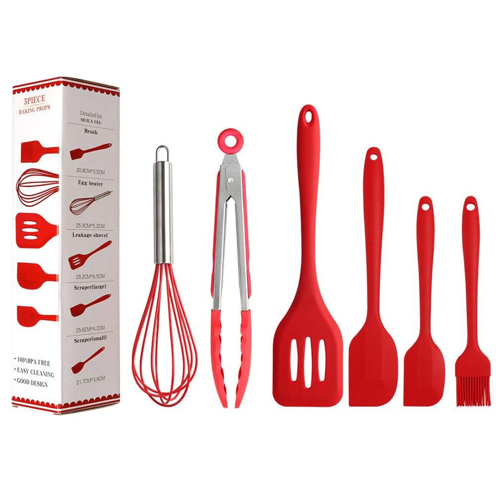 6pc Silicone Cooking Utensil Set Wooden Handle Spatula Soup Spoon Brush Ladle Pasta Colander Non-stick Cookware Kitchen Tools