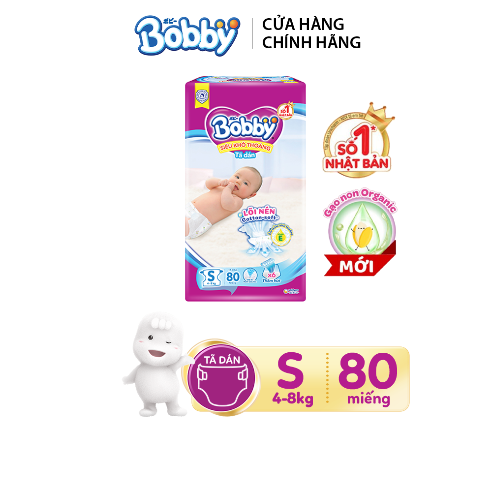 Tã Dán Bobby Sơ Sinh Siêu Thấm  S80 (80 Miếng) + 8 Miếng Tã dán cùng loại