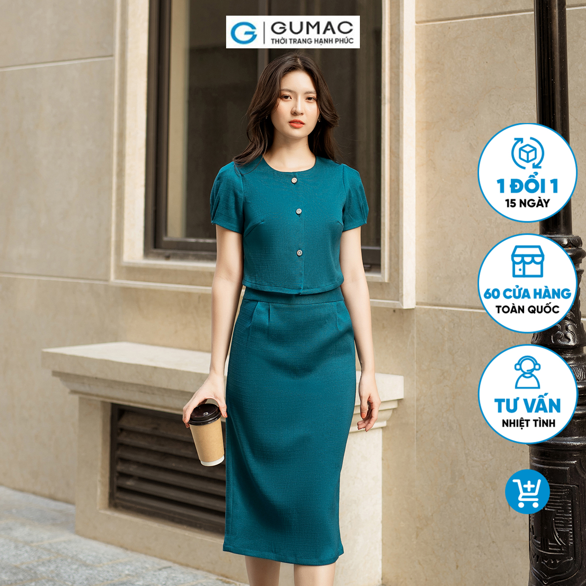 Set lẻ Áo croptop tay phồng GUMAC AD05017 - Chân váy suông xếp ly VD05018