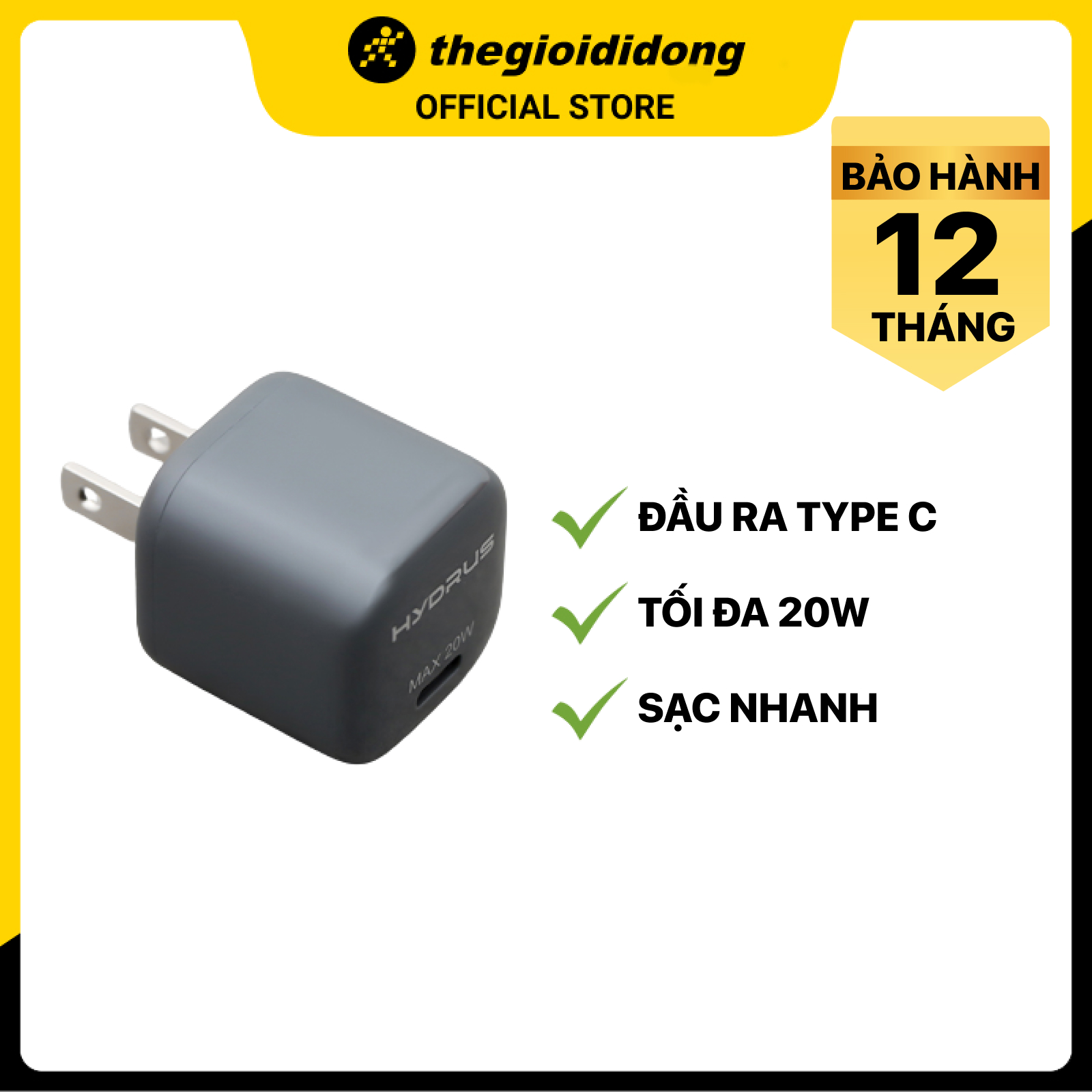 Adapter Sạc Type C PD 20W Hydrus UL160 - Hàng Chính hãng