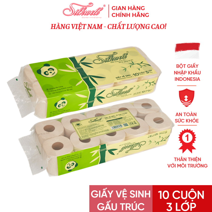 Giấy vệ sinh gấu trúc Silkwell 10 cuộn 3 lớp có lõi, giấy vệ sinh không tẩy trắng, an toàn hàng chính hãng