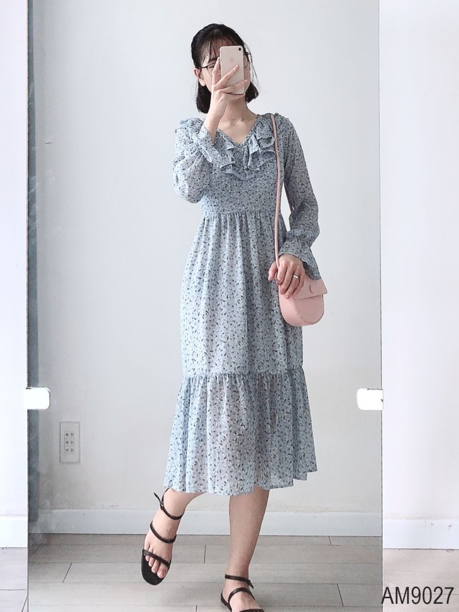 Đầm xòe midi Nữ hoa nhí tay dài OvanMade AM9027
