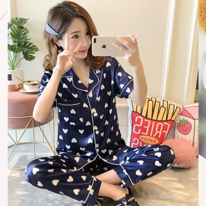 Đồ bộ dài nữ ️ ̀  ̂́ ️ Bộ Pijama lụa đẹp quyến rũ, áo ngắn tay, quần dài, dáng ngọt ngào B56A