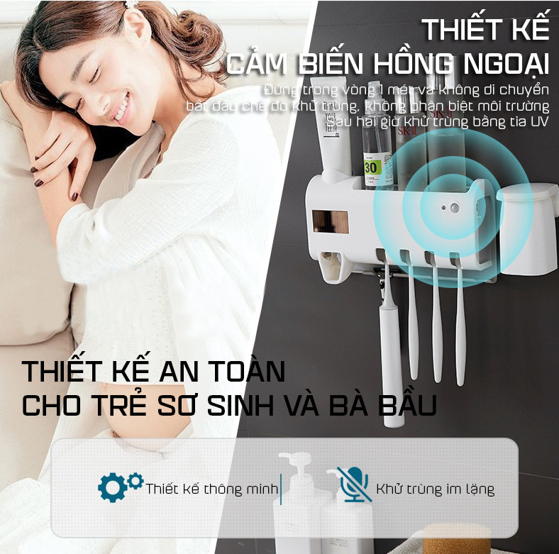 Kệ Đựng Bàn Chải Thông Minh Tự Động Lấy Kem Đánh Răng Kèm 2 Cốc Nam Châm Cao Cấp