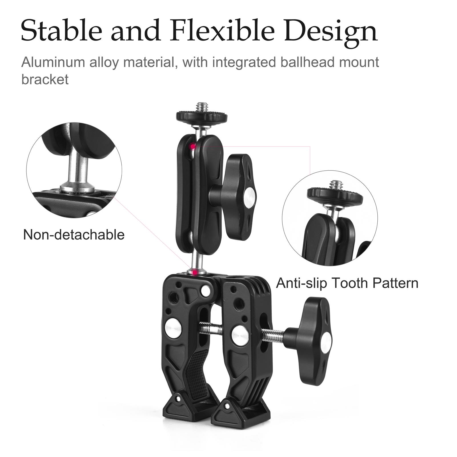 Multi-functional Super Clamp Aluminum Alloy with Dual 360° Rotatable Ballhead 1/4 Inch Screw Connection 1/4 Inch and 3/8 Inch Threads 1.5kg Load Bearing