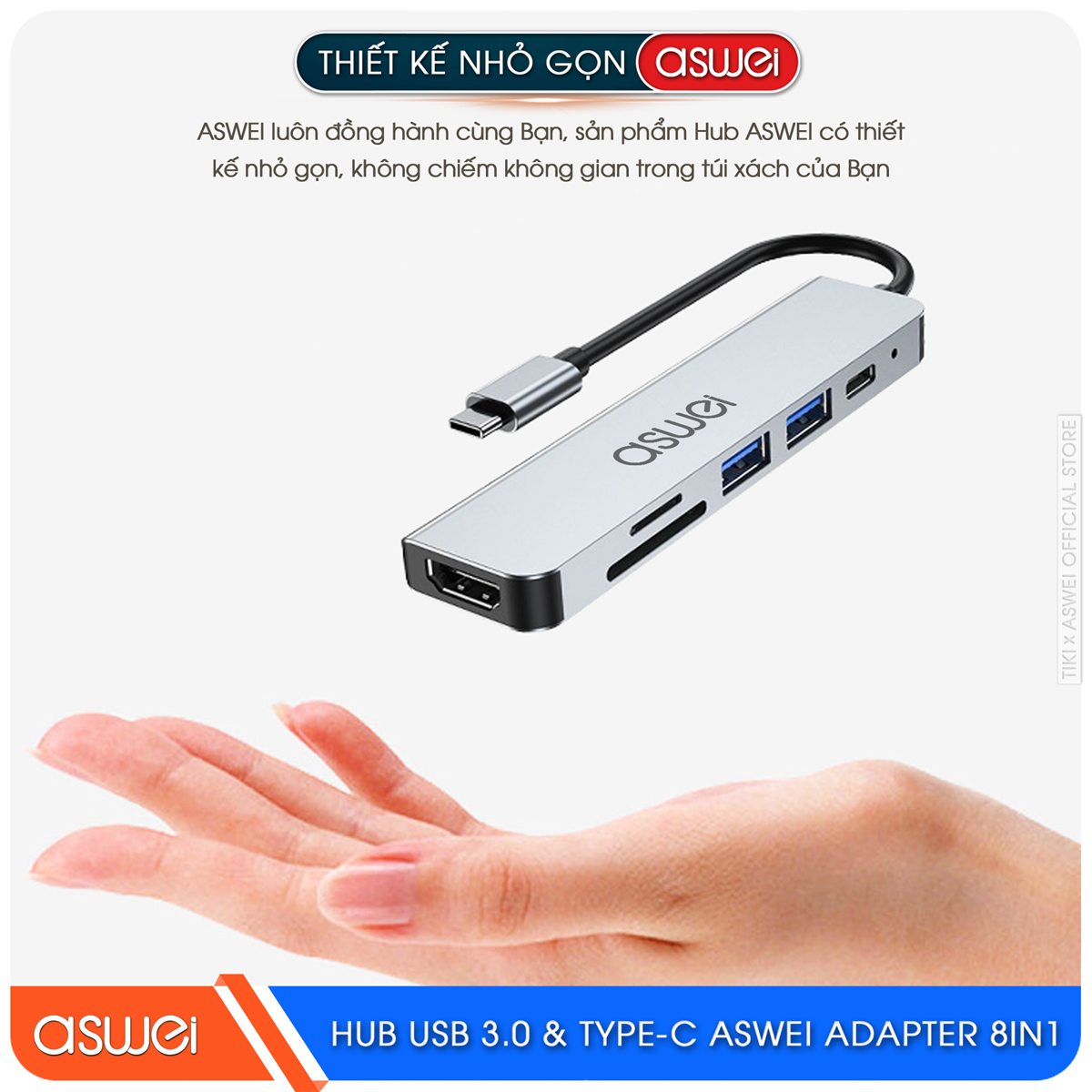 Hub Type C Và Hub USB ASWEI 8 in 1 To USB 3.0, SD, TF, USB C, Audio 3.5 - Hàng Chính Hãng
