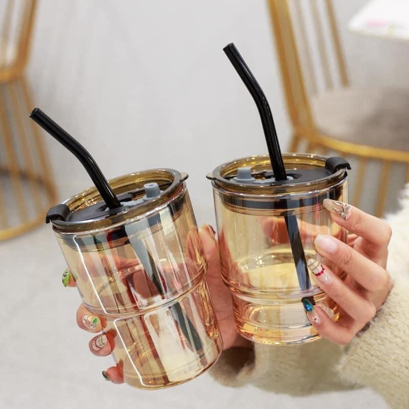 Ly Thuỷ Tinh Giữ Nhiệt Bọc Da Cao Cấp Giữ Nhiệt Từ 6 Đến 8 Tiếng - Có Nắp Và Ống Hút - Dung Tích 450ml