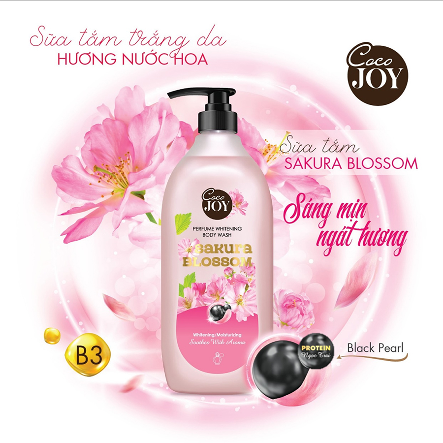 Sữa tắm trắng da hương nước hoa Cocojoy chiết xuất hoa anh đào và protein ngọc trai - Perfume Whitening Blossom dưỡng trắng, cấp ẩm, thơm lâu 6g, 500g, 900g