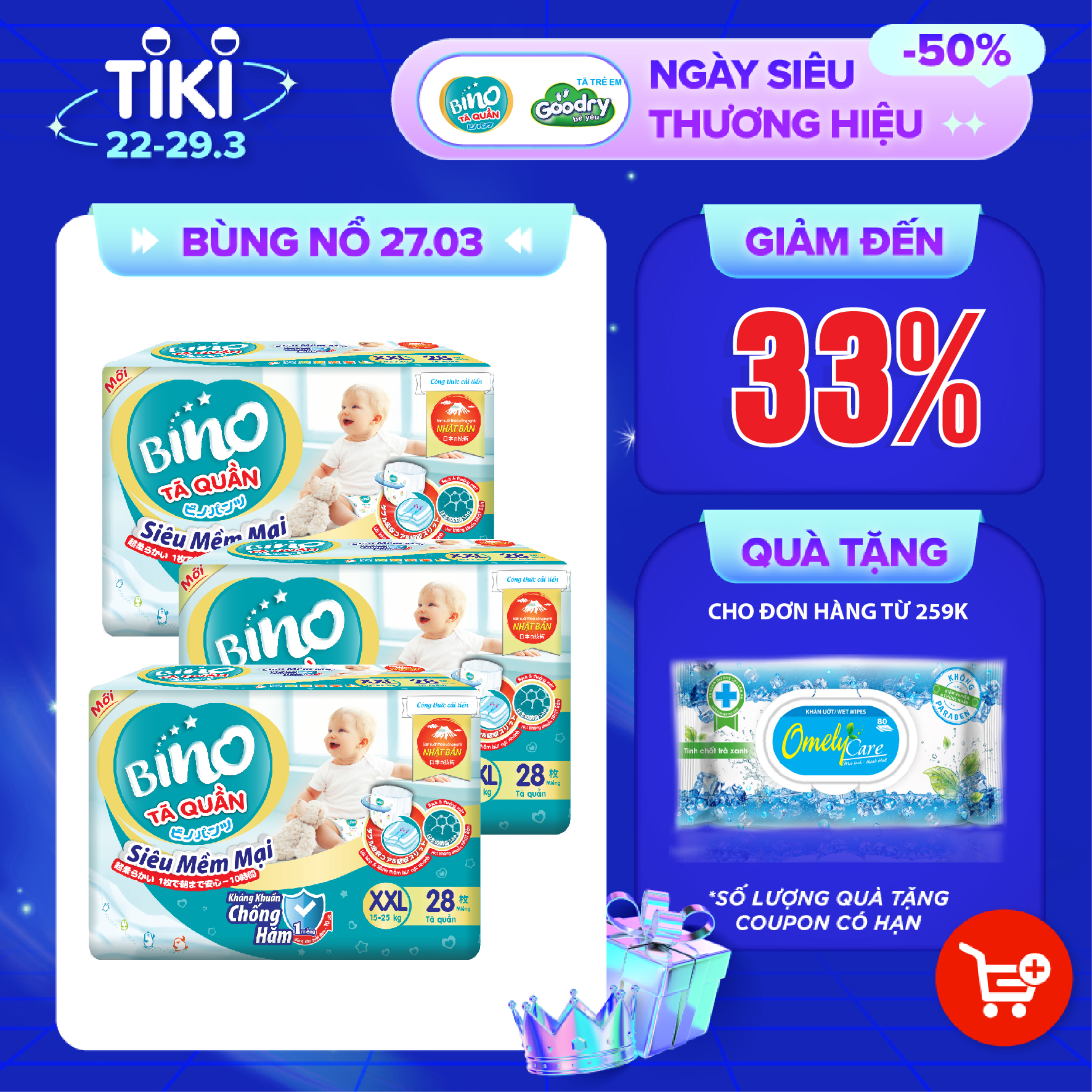 Combo 3 Tã Quần Bino XXL28 [28 miếng] công nghệ Nhật Bản [kháng khuẩn, chống hăm] dành cho bé từ 15- 25kg,