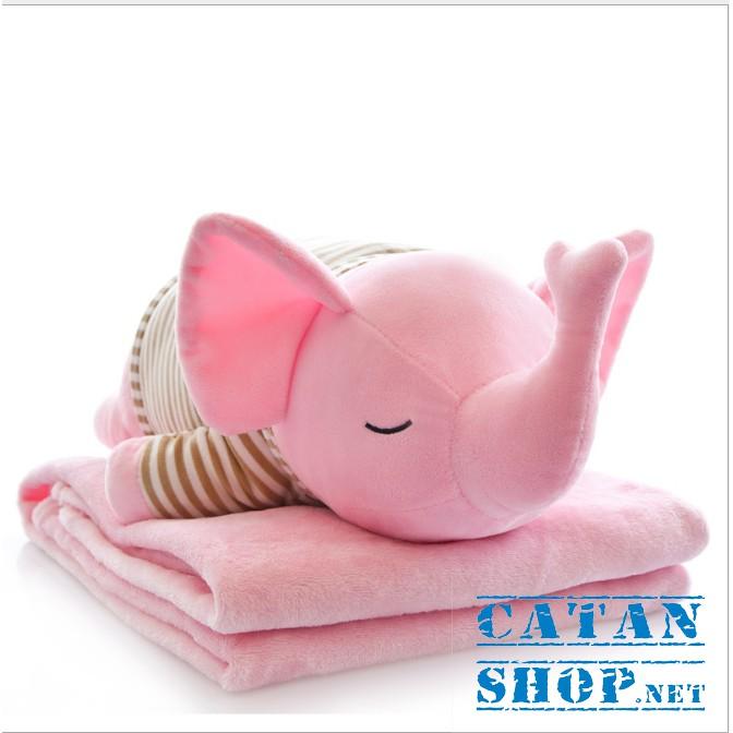 Gối mền 3in1 Voi, Hà mã 70cm, chăn gối văn phòng, gấu kèm mền nỉ nhung siêu mịn