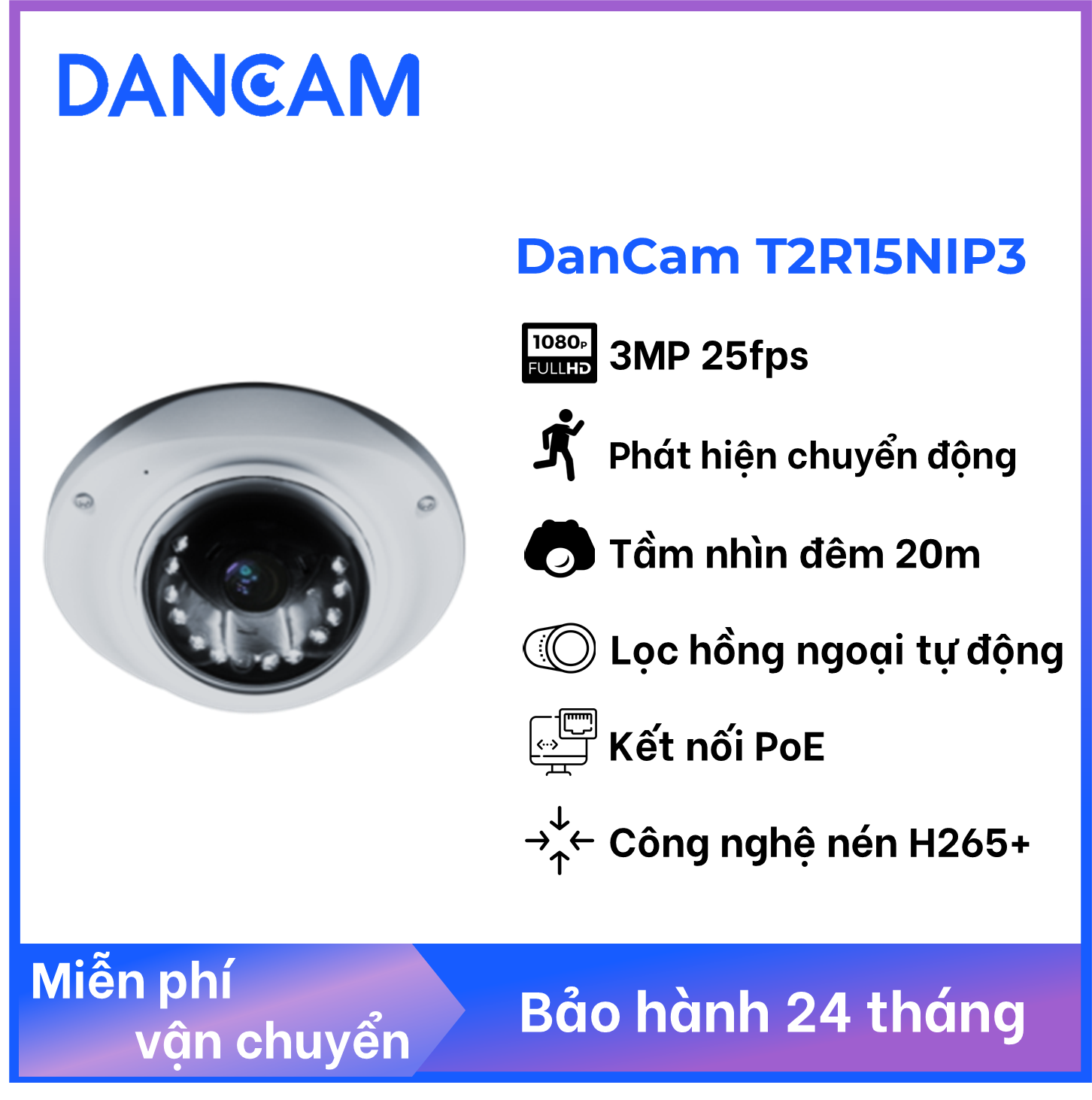 Camera IP PoE chính hãng DanCam T2R15NIP3 | Phát Hiện chuyển động, Nhìn đêm | An Ninh Gia Đình