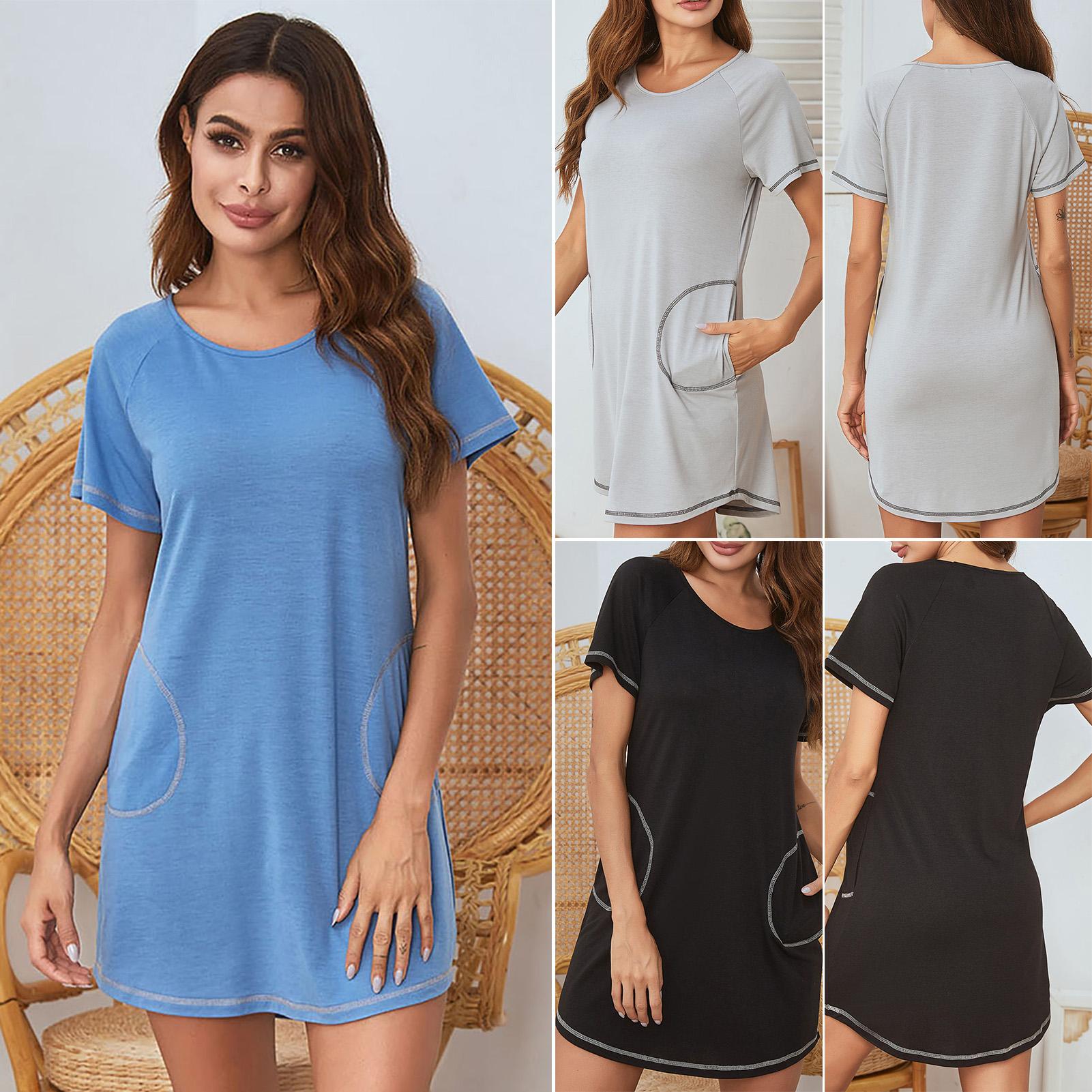 Women Sleep Dress with Side Pockets Casual Loose Short Sleeve O-Neck Pajamas Nightgown Sleepwear