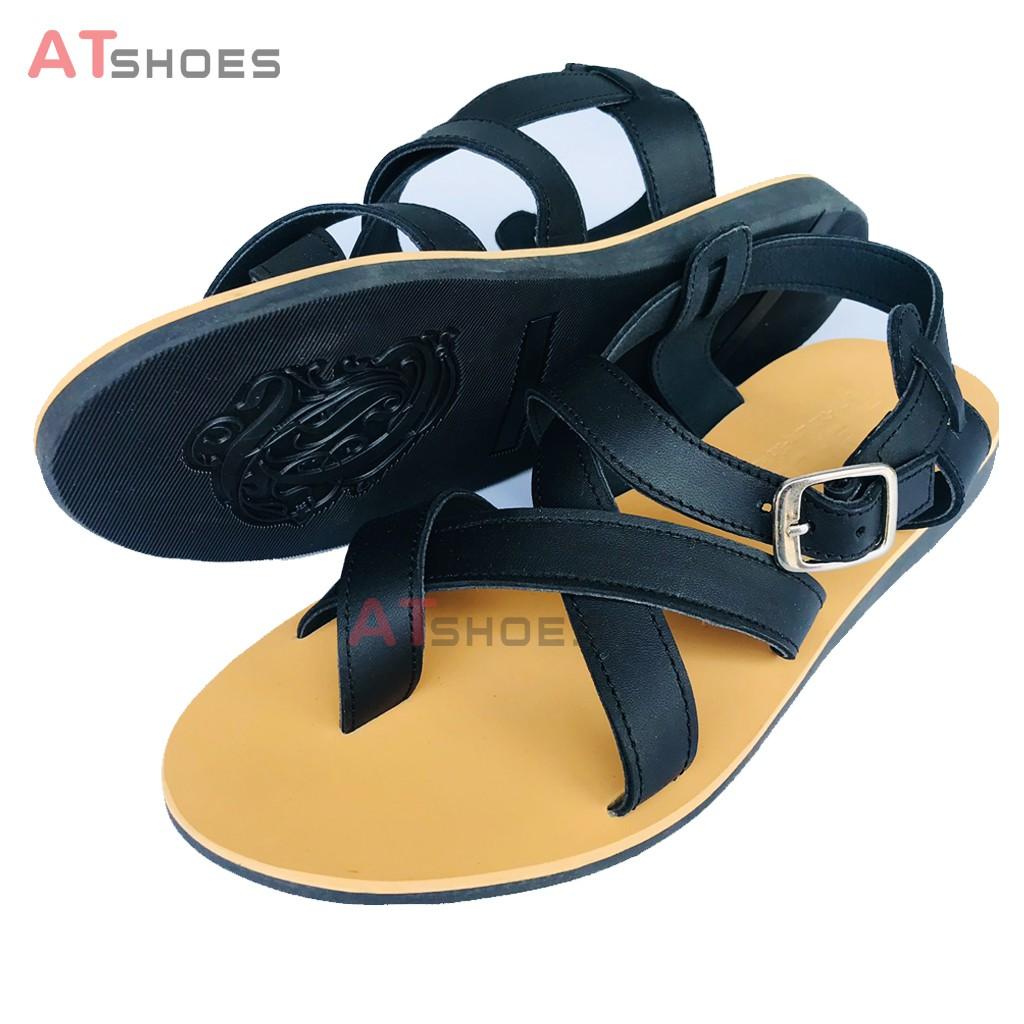 Dép Sandal Unisex cc Da Bò - Sandal xỏ ngón nam nữ kiểu HQ Trẻ Trung Atshoes AT40 (Đen Đế vàng)