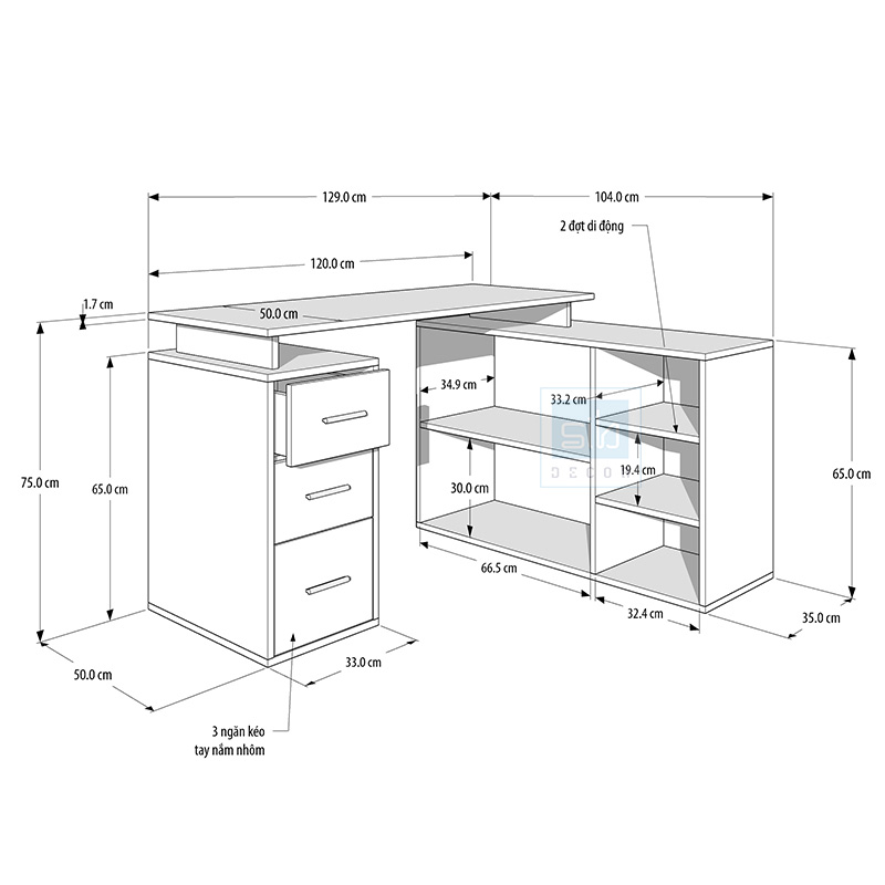Bàn Làm Việc Góc Chữ L Có 3 Ngăn Kéo Màu Trắng Thương Hiệu SIB Decor BLV85