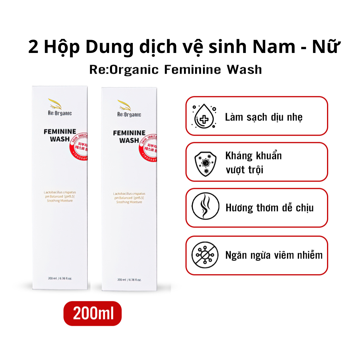Combo 2 Dung dịch vệ sinh Phụ khoa dành cho Nam và Nữ Re:Organic Feminine Wash 200ml