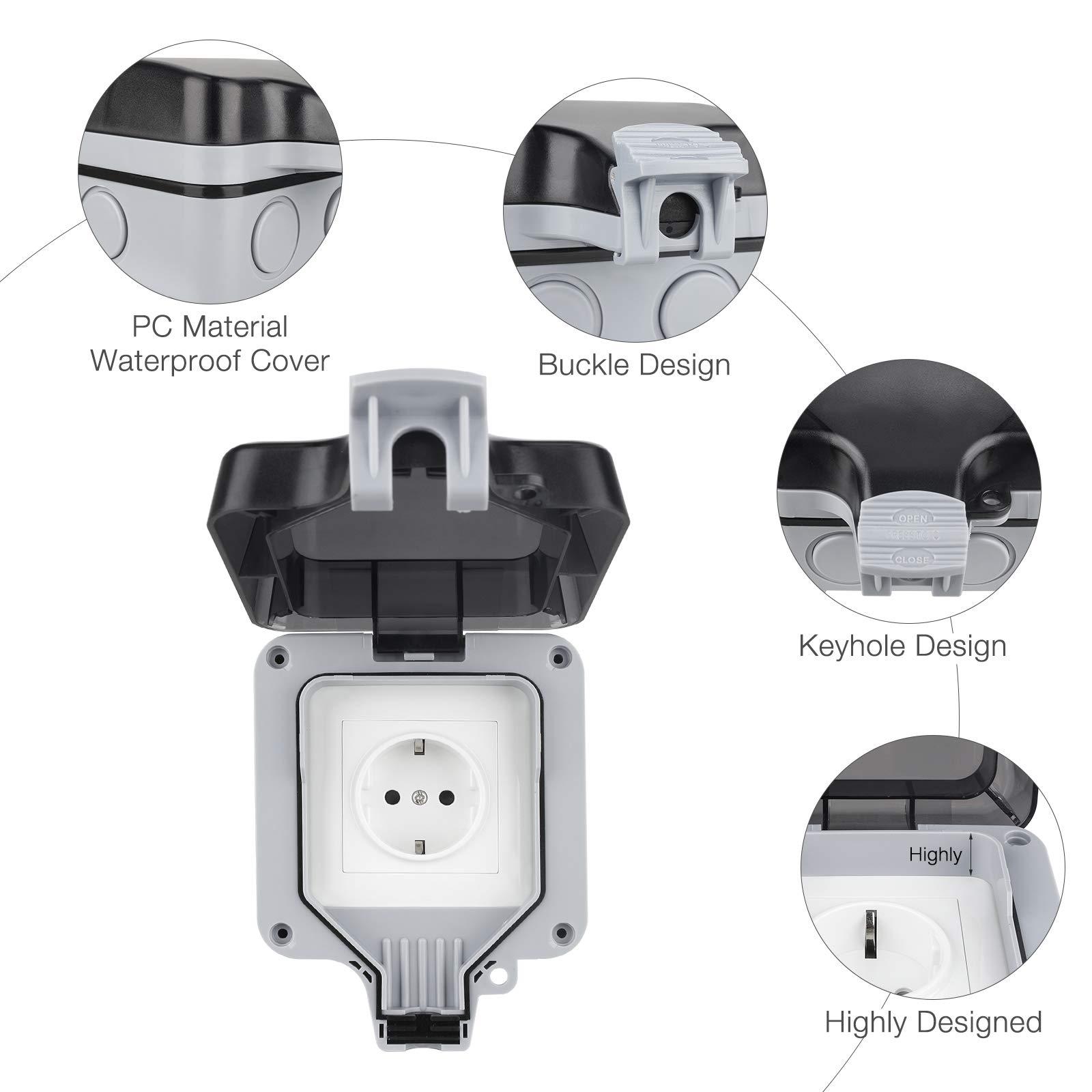 Ổ cắm bên ngoài không thấm nước IP66, ổ cắm tường để sử dụng bên ngoài, ổ cắm ngoài trời không thấm nước, tiếp xúc bảo vệ nhô ra bên ngoài với nắp bản lề cho bên ngoài