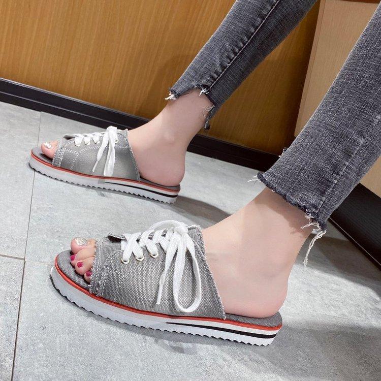 Dép Vải Canvas Đế Bằng Mũi Tròn Phối Dây Thắt Sành Điệu Cho Nữ