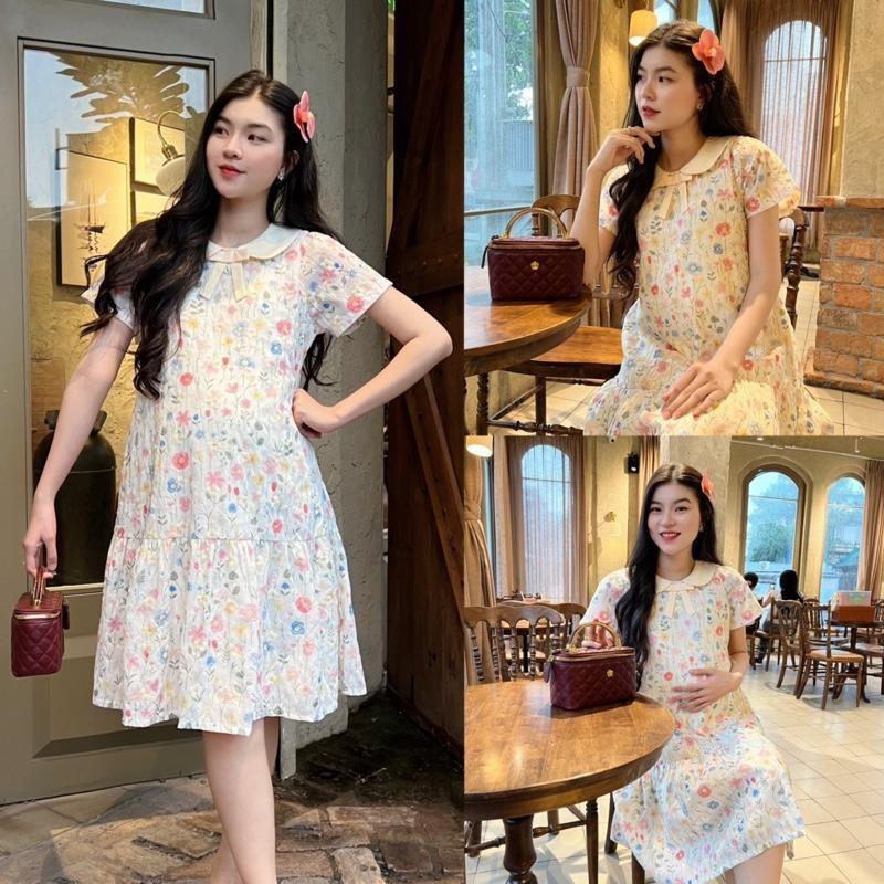 Đầm bầu thêu hoa cổ sen đính nơ form đuôi cá trẻ trung diện đi làm, đi tiệc, đi chơi đều xinh - Xanh