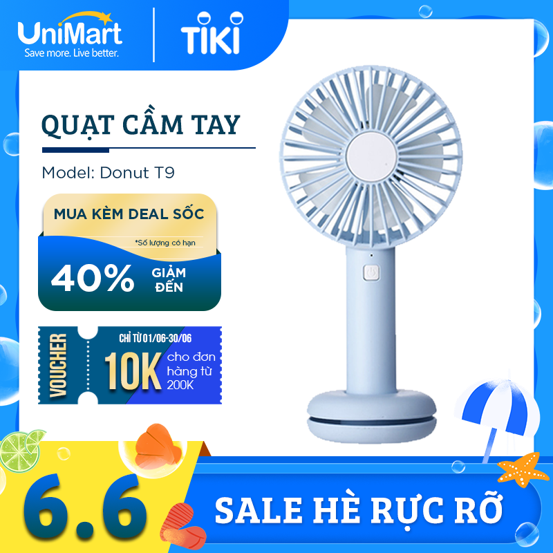 Quạt Mini Cầm Tay Damas Donut T9 Tích Điện Tiện Lợi Kèm Cáp Sạc - Tích Hợp Đèn Led Đổi Màu Lung Linh, Ảo Diệu - Thiết Kế Chân Đế Thiết Kế Bánh Donut Giữ Quạt Để Bàn - Hàng Chính Hãng