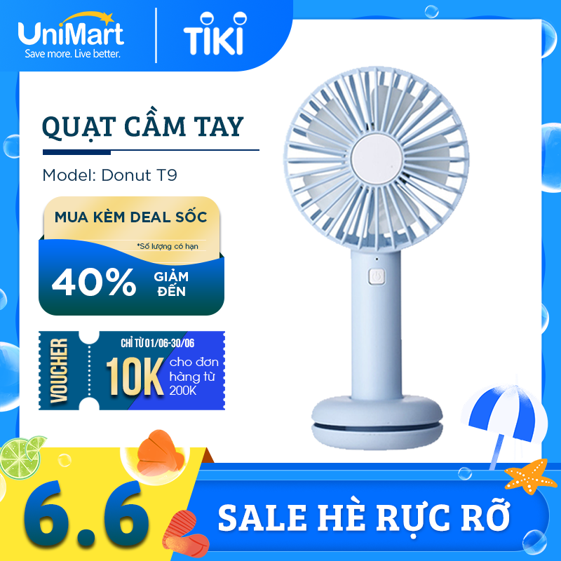 Quạt Mini Cầm Tay Damas Donut T9 Tích Điện Tiện Lợi Kèm Cáp Sạc - Tích Hợp Đèn Led Đổi Màu Lung Linh, Ảo Diệu -  Thiết Kế Chân Đế Thiết Kế Bánh Donut Giữ Quạt Để Bàn ( Đế Silicon Là Ngăn Để Cáp Sạc 0,5m)  - Hàng Chính Hãng