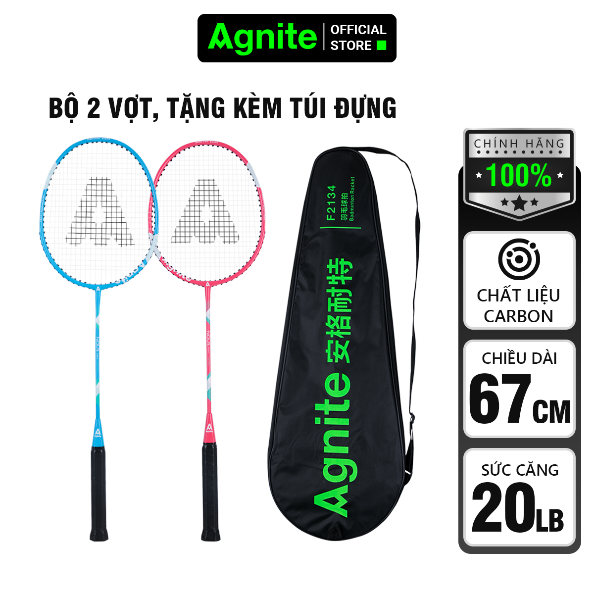 Vợt cầu lông cán liền Agnite - Kèm bao đựng cao cấp - 2 chiếc - F2134