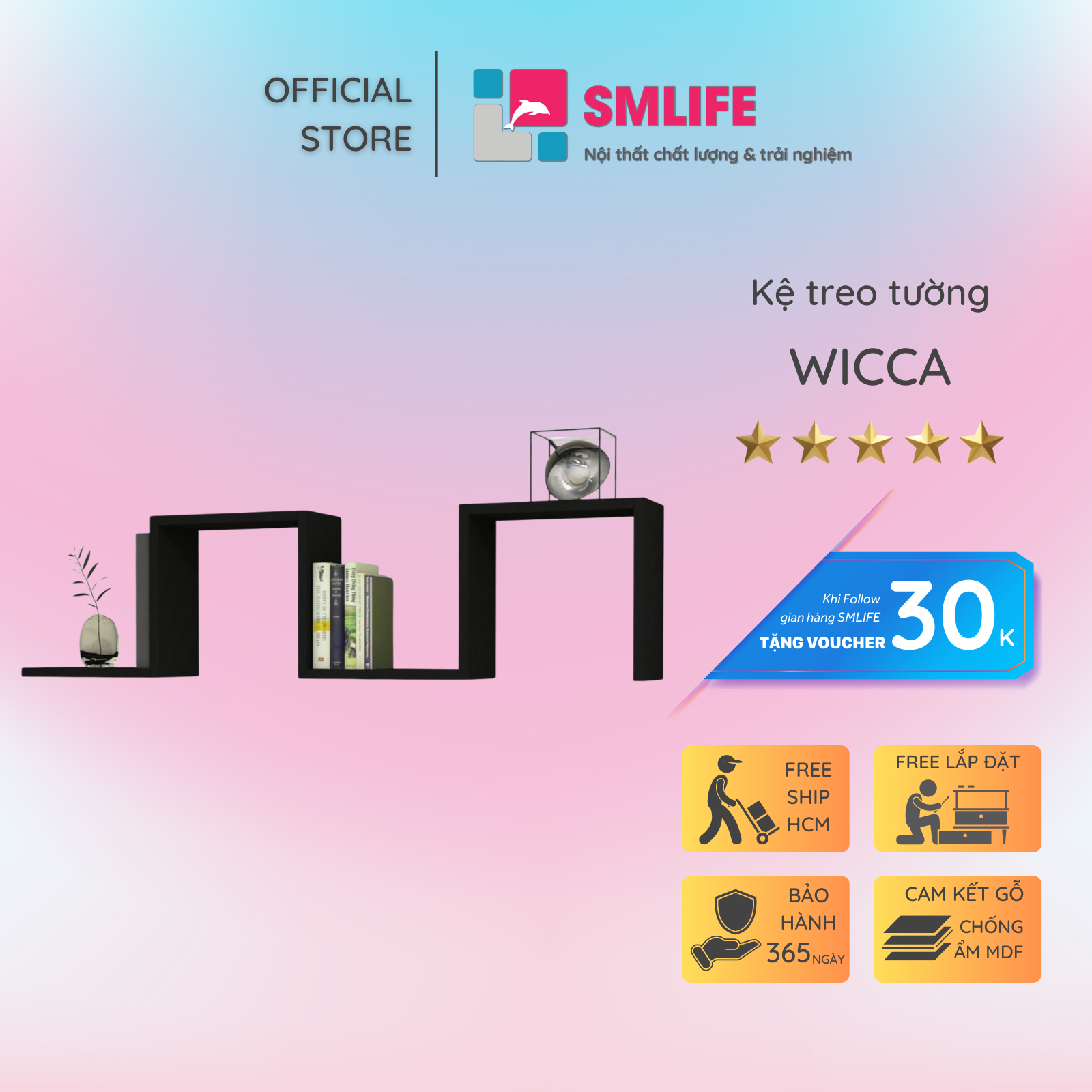 Kệ gỗ treo tường trang trí hiện đại SMLIFE Wicca  | Gỗ MDF dày 17mm chống ẩm | D127xR20xC33.5cm