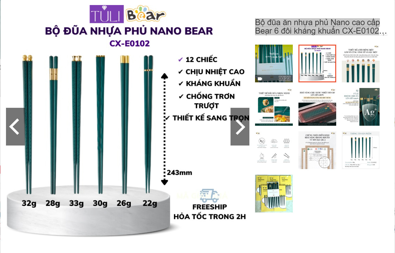 Bộ đũa ăn nhựa phủ Nano cao cấp Bear 6 đôi kháng khuẩn CX-E0102 - Hàng chính hãng